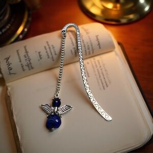 Silver Angel Bookmark, Blue Glass Charm, Heart Detail, Reader Gift